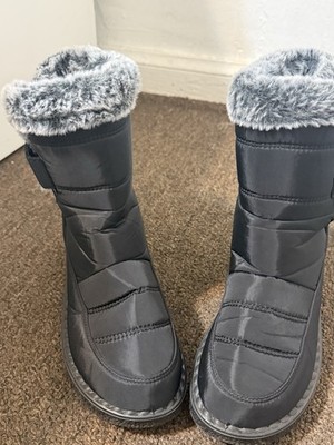 Black Gray Mid-Calf Faux Fur Lined Buckle Snow Boots Women's Size 37