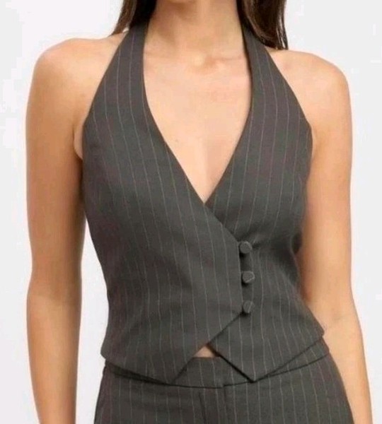Kookai Women’s Halter Top Size 10 Brown Pinstripe Smart Look Very Good Condition