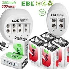 EBL 9V Li-Ion Rechargeable Batteries 9 Volt 6F22 / 4 Slot Battery Charger Lot