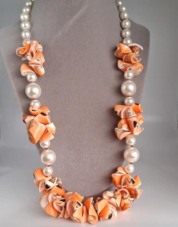 Sally C Treasures SX .925 Silver Orange Shells Pearls Necklace 24” - Image 3 of 4