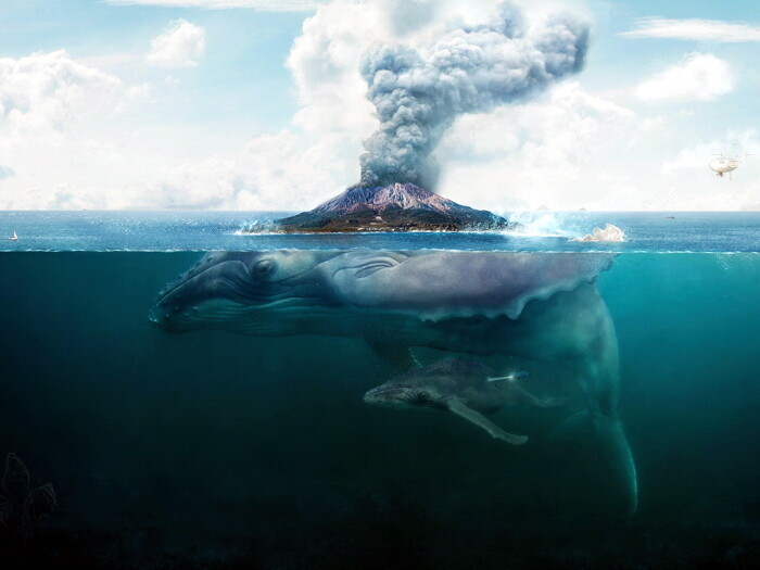 V2004 Giant Whale Sea Volcano Fantasy Art Animal Nature Decor WALL