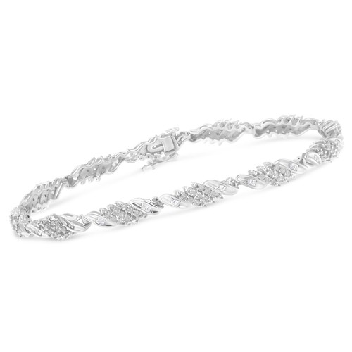 1-1/2 Carat Round and Baguette Cut Round Diamond Wave Link Silver Bracelet 7" - Picture 3 of 8