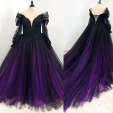 Gothic Black and Purple Wedding Dresses Long Sleeves Off Shoulder Bridal Gowns