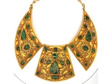 Rare Gold Egyptian Necklace with Green Venetian Stained Glass