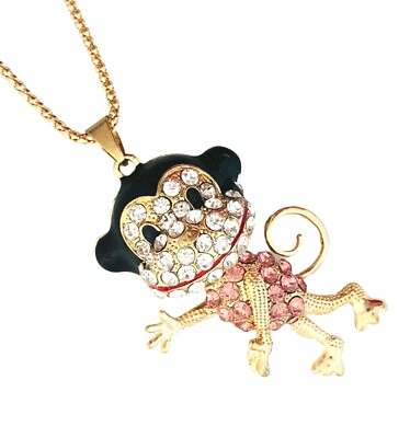 Monkey Moving Head Crystal Rhinestone Pendant Long Chain Sweater