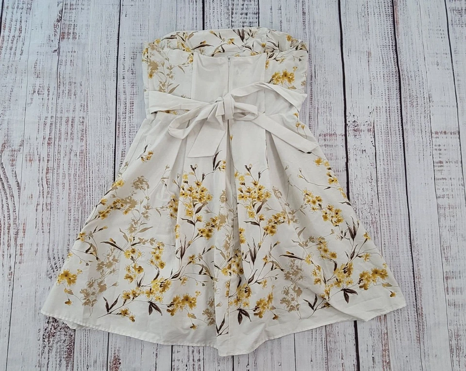 A.P.N.Y. White Yellow Floral Strapless Tie Waist Fit & Flare Dress Women's 14 - Image 2 of 4