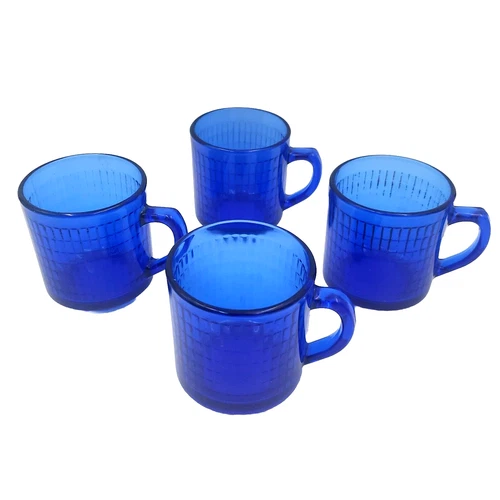 SET OF 4: Vintage COBALT BLUE GLASS TEXTURED MUG 