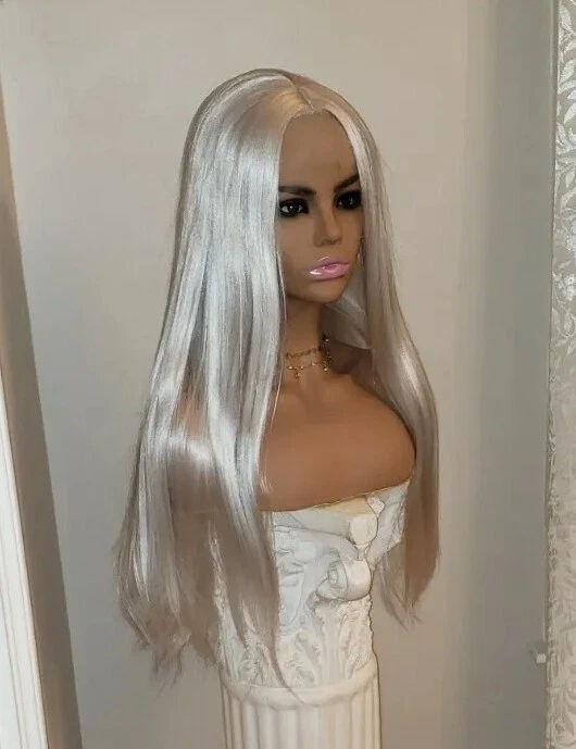 Peluca Rubia Platina Platina Plateada - Larga Recta Resistente al Calor Cabello Humano Mezcla Encaje Foto 2 de 4