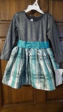 NWT BONNIE JEAN Metallic charcoal aqua silver dressy plaid dress Girl's 4
