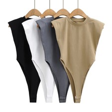 Slim Fit Sleeveless Bodysuit Padded Shoulder Summer Solid Stretch Body Shaping