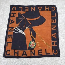 Autentica sciarpa di seta Chanel grande quadrata arancione blu navy donna silhouette 33,5 pollici