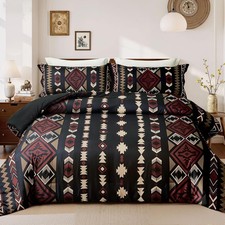 Queen Comforter Set   3 Piece Black Red Boho Aztec Bedding, Western Southwestern