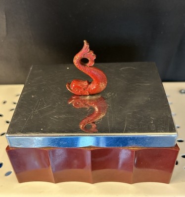 Vintage Bakelite Trinket Box: Koi Fish Handle, Silver-Toned Top S Chase
