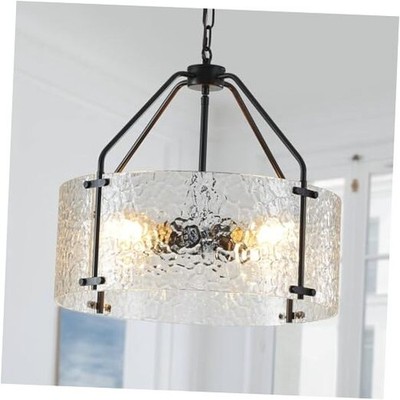 Glass Drum Chandelier for Dining Room 18'' Entryway Light Fixture 17.72'' Black