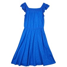 Talbots Womens Eyelet Slub Knit Fit & Flare Dress Size Small Blue Flutter Sleeve