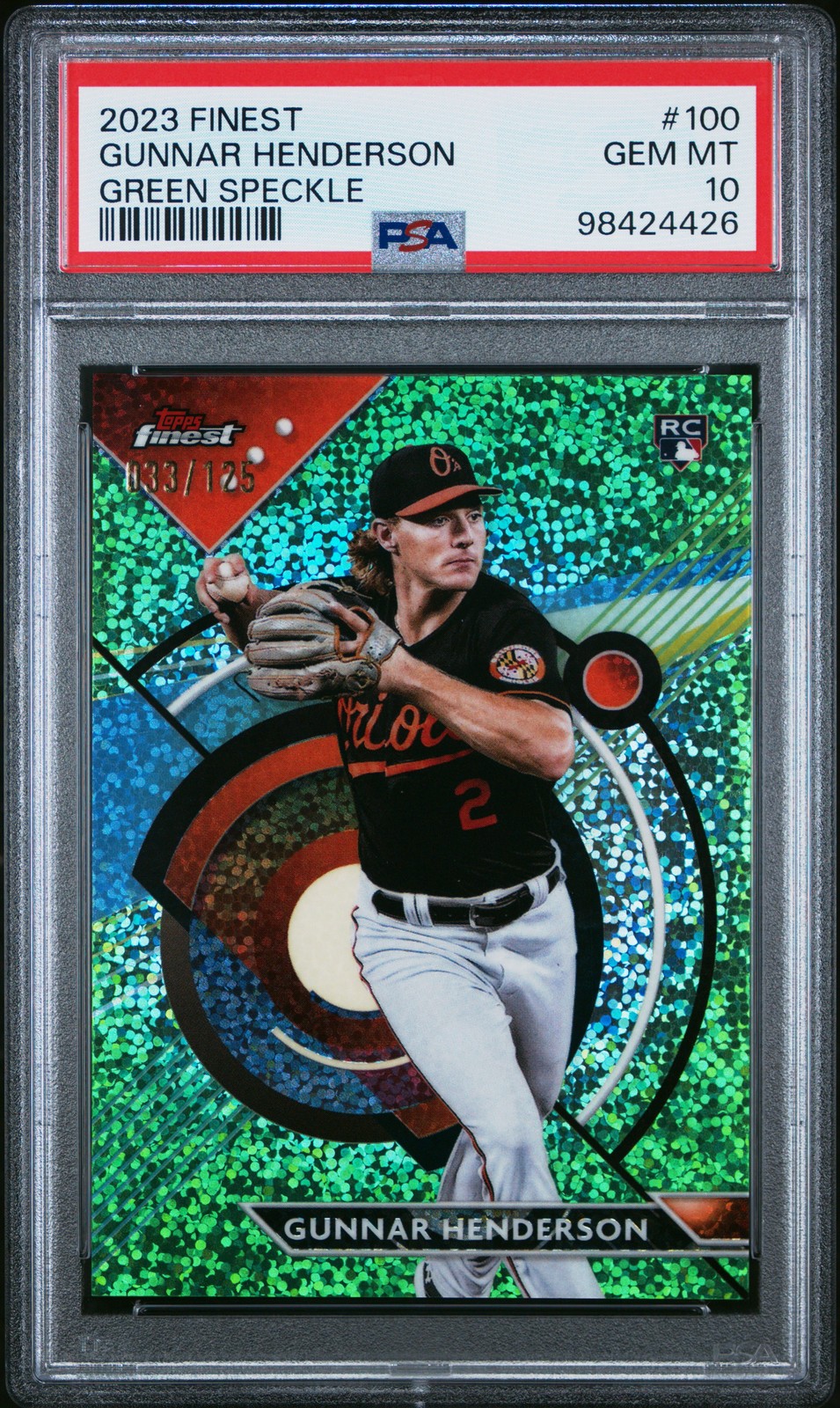 2023 TOPPS FINEST GREEN SPECKLE #100 GUNNAR HENDERSON ROOKIE RC 33/125 PSA 10