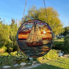 Sailboat Painted Stained Glass , Window Hanging Decor, Seascape