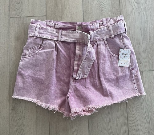 NWT Free People See You Sometime Denim Cut Off Shorts Belted Pink Frayed Hem XL