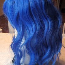 Blue Wavy Bangs Wig Synthetic Clip-In Classic Cap Middle Part 13in Cosplay
