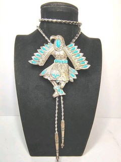 THUNDERBIRD PEWTER Southwestern Native American Blue Turquoise BOLO TIE