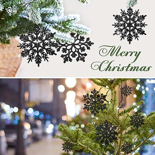 46Pcs Plastic Snowflake Ornament Christmas Glitter Snowflake Hanging Black - Bild 3 von 6