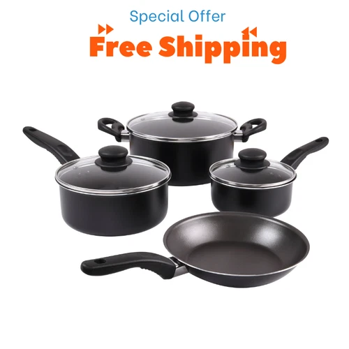 Mainstays 7 Piece Non Stick Aluminium, Pots and Pans Cookware Set, Black, New Us