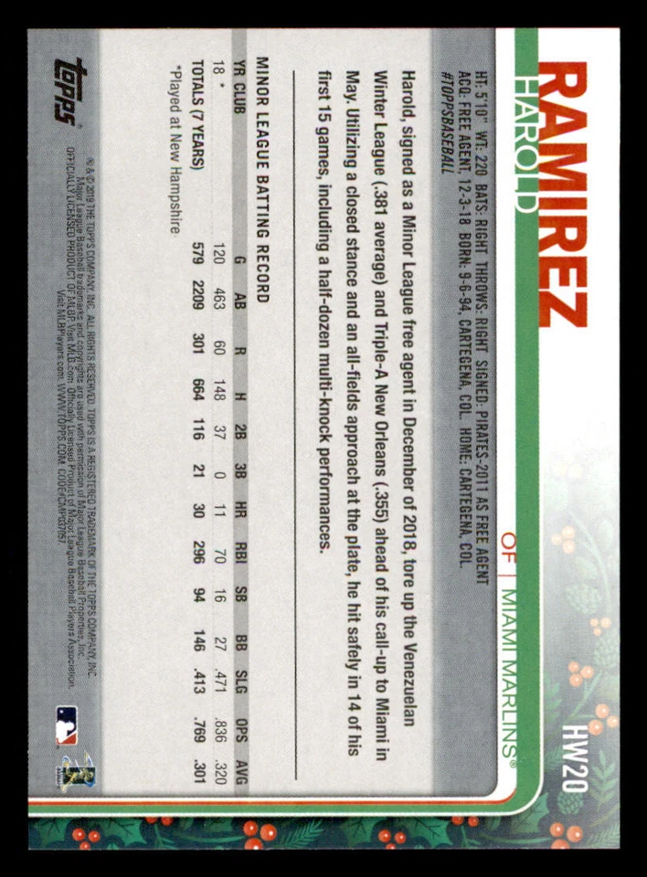 2019 Topps Walmart Holiday #HW20 Harold Ramirez RC - Image 2 of 2