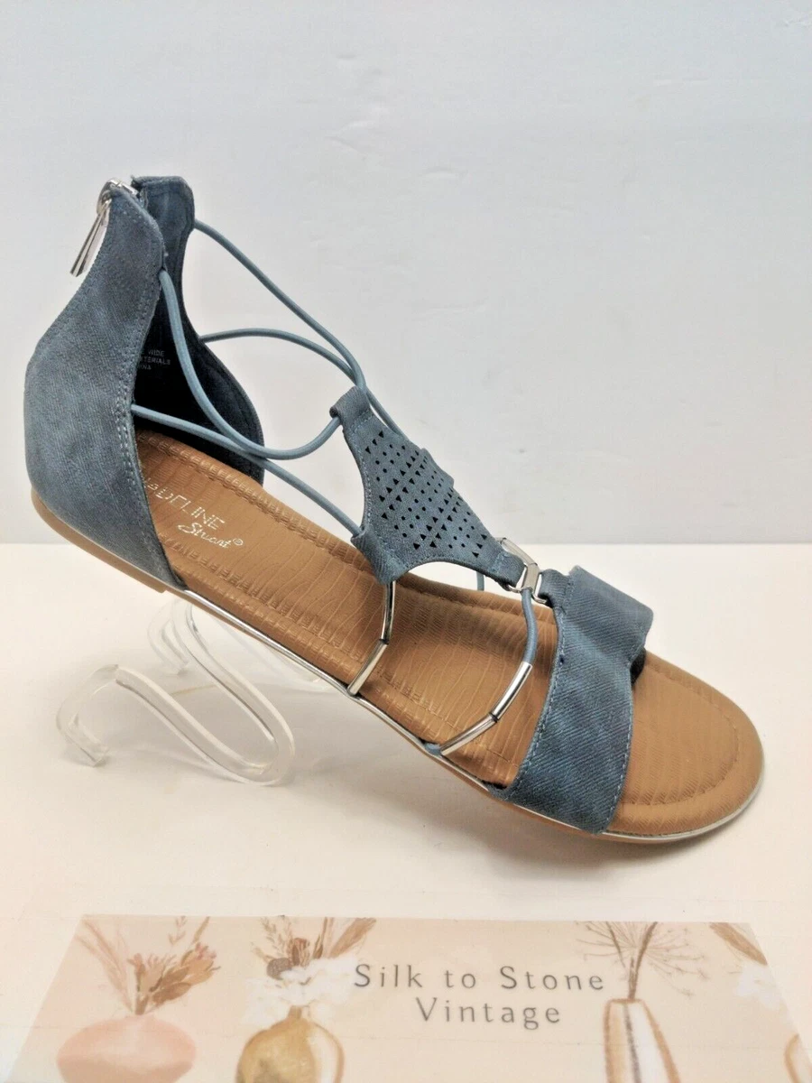 Women s Size 11 Wide Madeline Stuart Sandals Denim Blue Beaded w Elastic Straps
