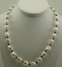 Freshwater White Pearl and Black Spinel Necklace with Sterling Silver Clasp 20"