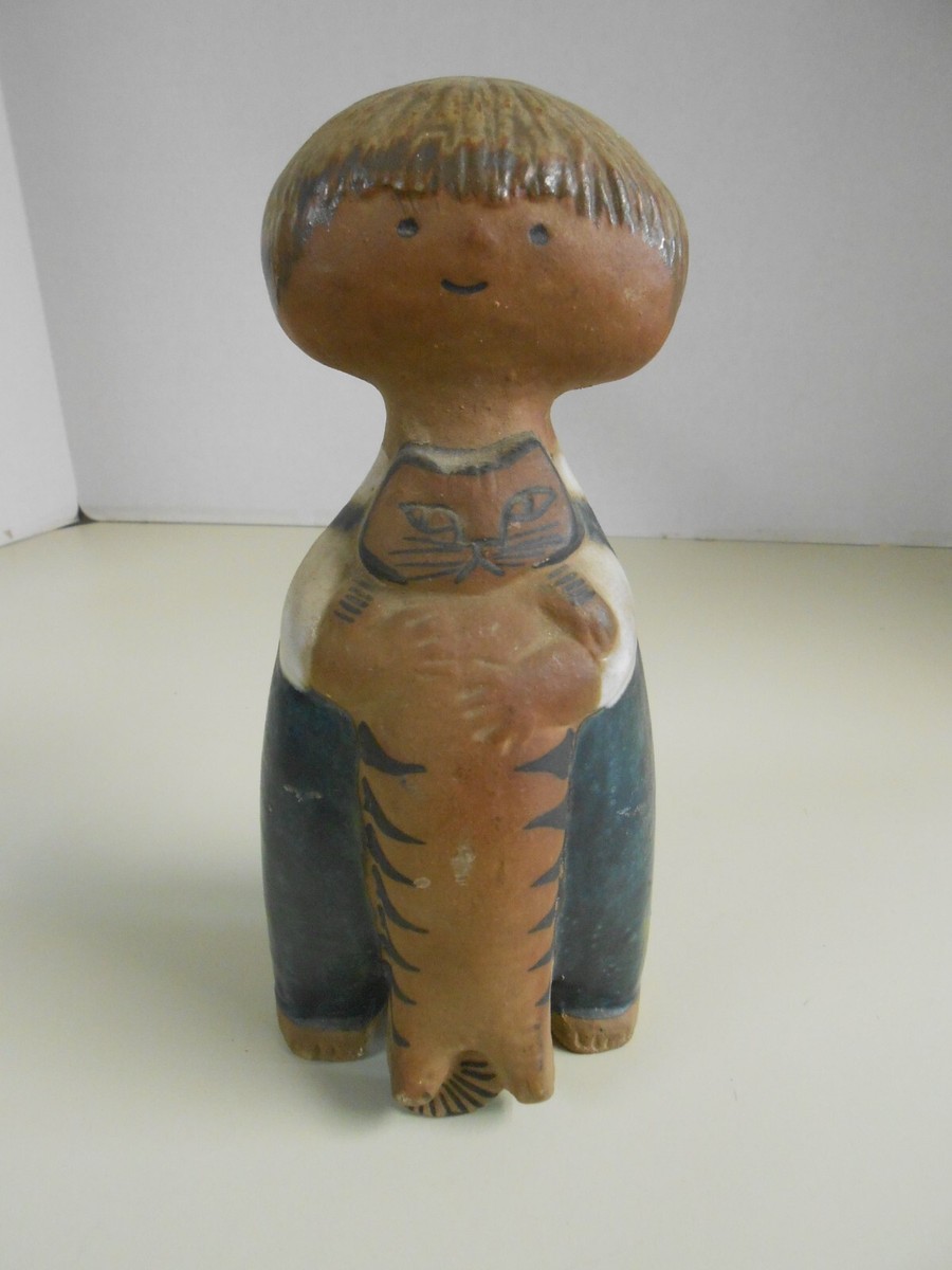 Vintage MCM Signed L.L. Lisa Larson Boy with Cat Statue Pelle