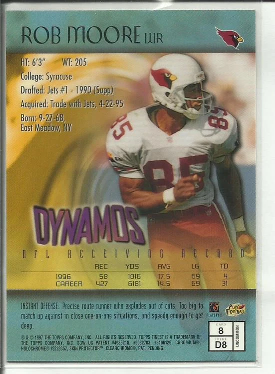 1997 Topps Finest Dynamos #8 Rob Moore Arizona Cardinals Uncommon - Image 2 of 2