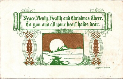 Christmas Arts & Crafts Style Full Moon Country Scene Gilt c1911 postcard P14