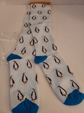 NEW L/XL Kids Penguin Print Ribbed Socks, White Blue