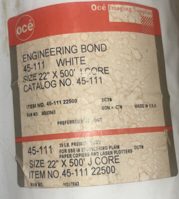 Oce Engineering Bond Copier/ Laser Plotters Paper 45-111 Size 22 x 500' White