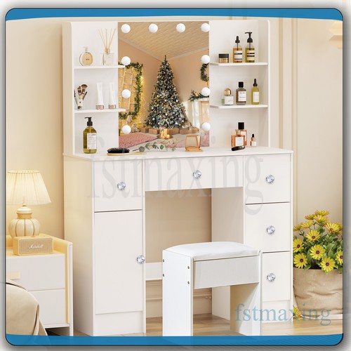 Dressing Table Stool Set With LED Makeup Mirror + 7 Drawers Vanity Desk Bedroom - Picture 2 of 7