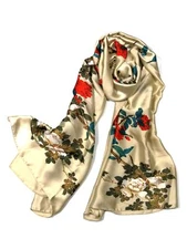 Silk Feel Long Floral Satin Scarves for Women in Gift Box Floral Birds Beige