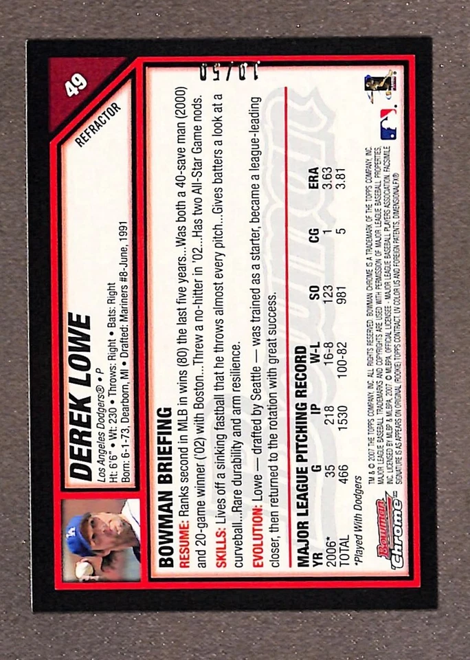 Bowman Gold Refractor #49 2007 Derek Lowe/50 Foto 2 de 3