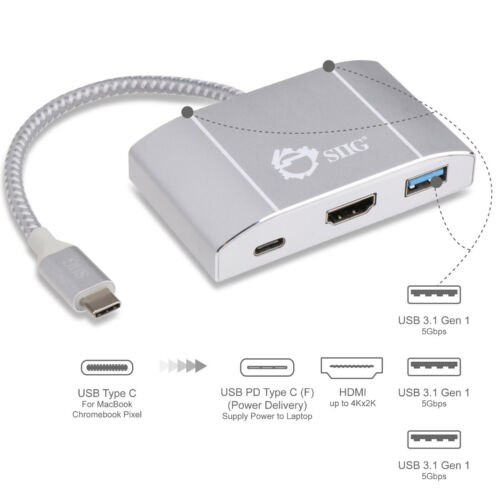 SIIG USB 3.1 Type-C Hub HDMI 3 x USB 3.1 & PD Charging 4K Ready JU-H30612-S1 - Picture 6 of 6