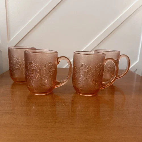 4 Vintage Arcoroc France Pink Rosaline Glass Rose Pattern Coffee Cup Mugs