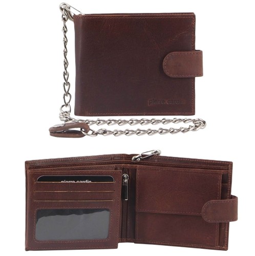 Pierre Cardin Rustic Leather Men’s Chain Tri-fold Wallet PC3274 - Chestnut - Picture 4 of 9