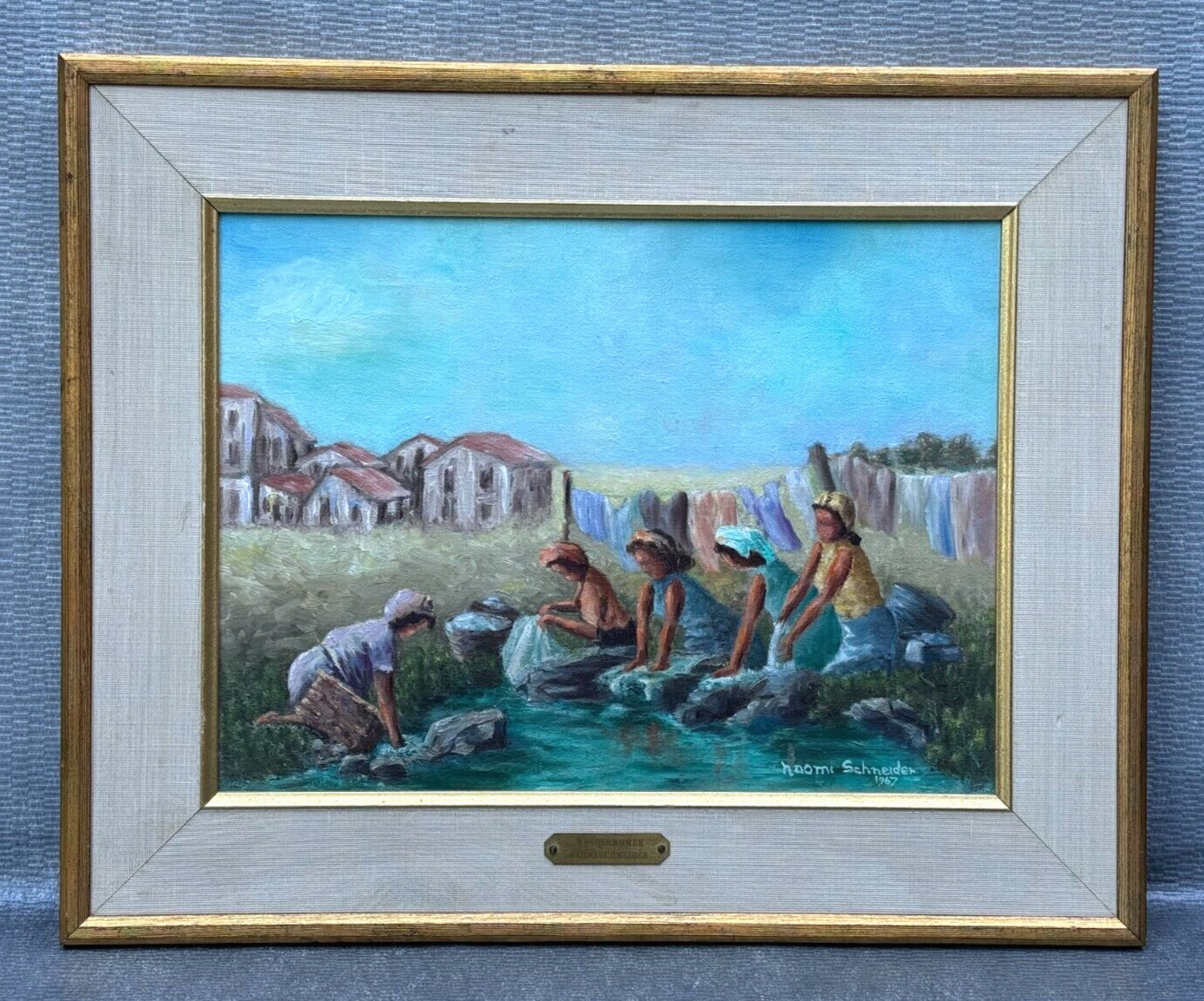Painting Village Women Washing Clothes By River 1967 20th C.