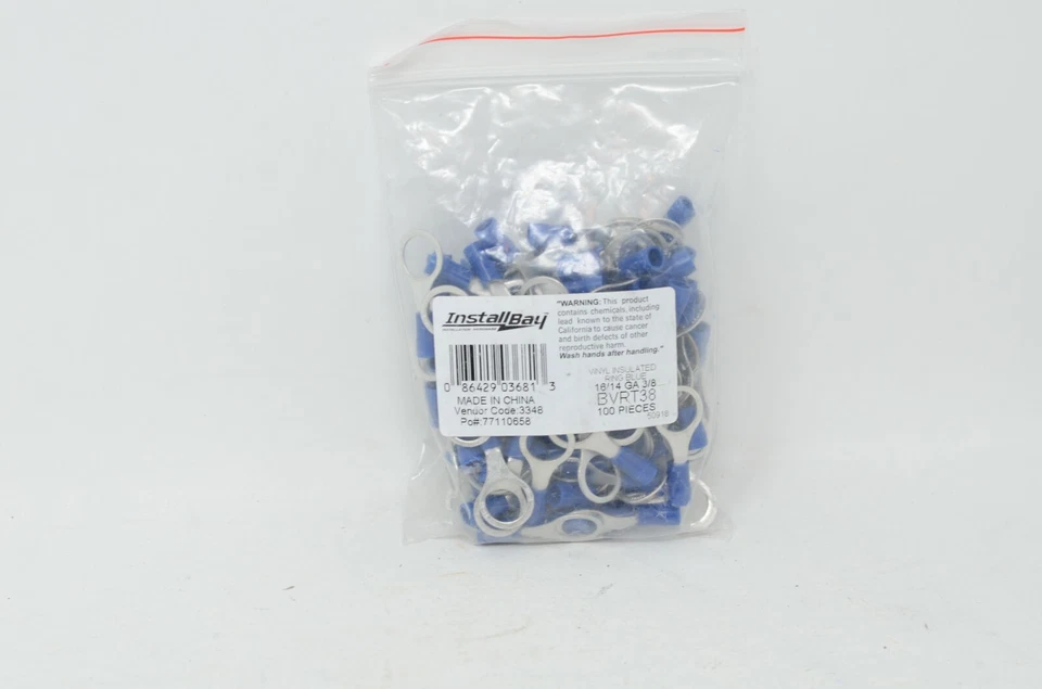 100 pcs 3/8" Blue Vinyl Ring Terminal Connector 16-14 gauge AWG Metra BVRT38 - Image 2 of 2