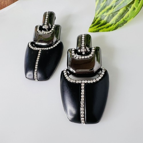 Kara Ross Black Label by Chico’s Huge Black Gunmetal Crystals Clip On Earrings - Picture 6 of 9