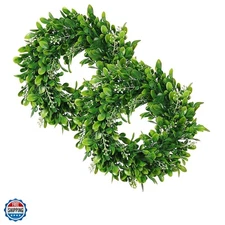 2 Packs Artificial Green Leaves Wreath - 11 inch Artificial Boxwood Wreaths w...