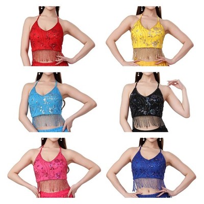 Bauchtanz-Crop-Top mit Quasten, verstellbar, Pailletten-Schnürung