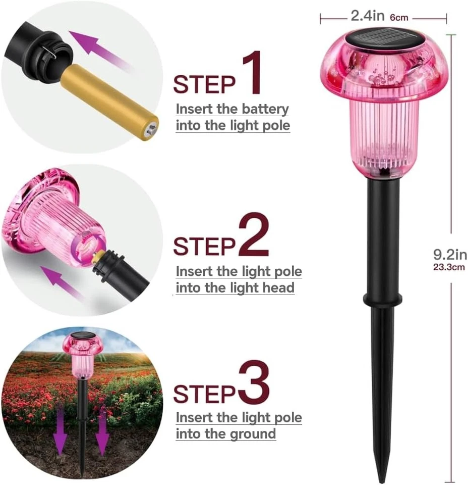 Paquete de 4 luces solares de camino para exteriores, luz LED púrpura de entrada alimentada por energía solar,... Foto 3 de 4