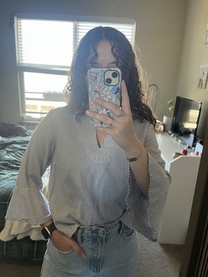 Zac & Rachel Striped Cotton Bell Sleeve Blouse Ruffle Accent Blue White M