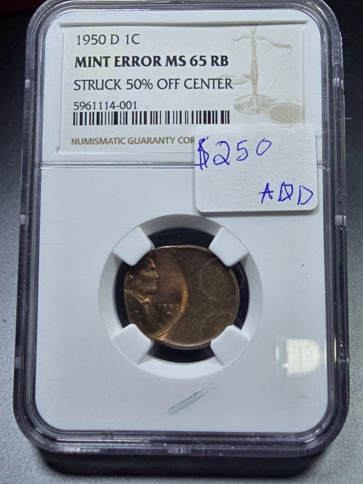 1950 D Lincoln Wheat Cent NGC MS 65 RB Mint Error Struck 50% Off Center - Image 2 of 4