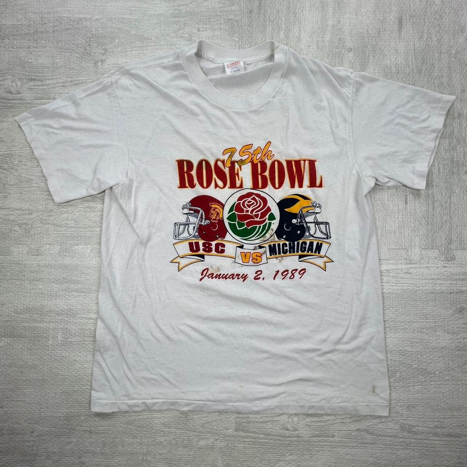 Vintage 80s 1989 Michigan Wolverines Rose Bowl T-Shirt Tee Size: XL White NCAA
