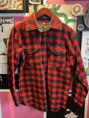 1950s Johnson Woolen Mills Vintage Half Zip Jacket Shirt Buffalo Red Black Sz 14